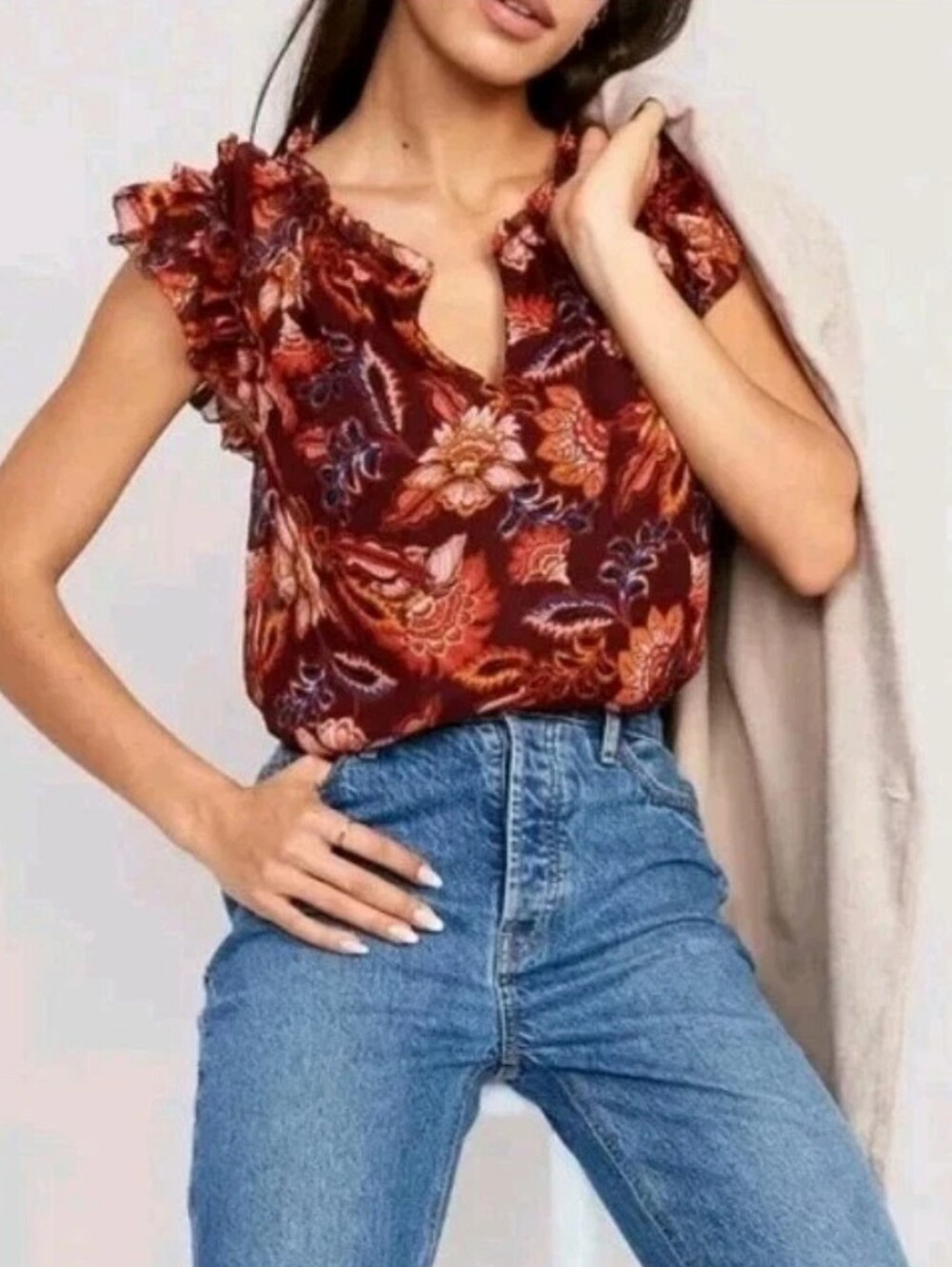 Old Navy Ruffled Chiffon Blouse Woman Small Rust Floral Flutter Sleeves Nwt